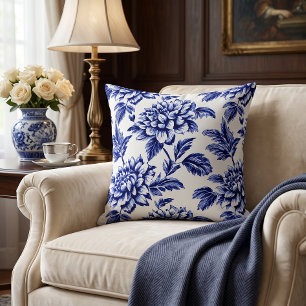 Blauw en Witte Dahlia Bloemen Toile de Jouy Kussen