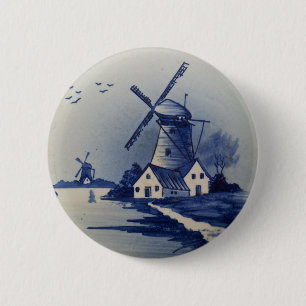 Blauw en Witte Delft Ronde Button 5,7 Cm