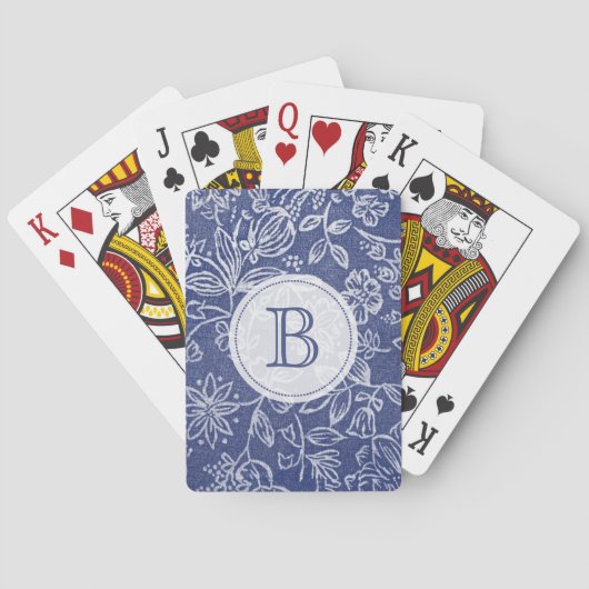  Blauw en Witte Floral Monogrammen Pokerkaarten (Achterkant)