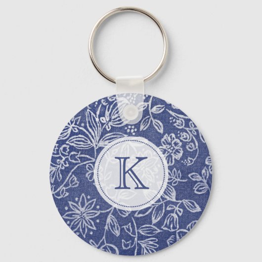  Blauw en Witte Floral Monogrammen Sleutelhanger (Voorkant)