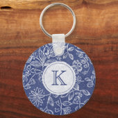  Blauw en Witte Floral Monogrammen Sleutelhanger (Voorkant)