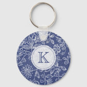  Blauw en Witte Floral Monogrammen Sleutelhanger (Achterkant)