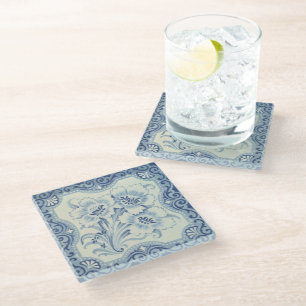 Blauw- en witte Floral Victoriaans Majolica Antiek Glazen Onderzetter