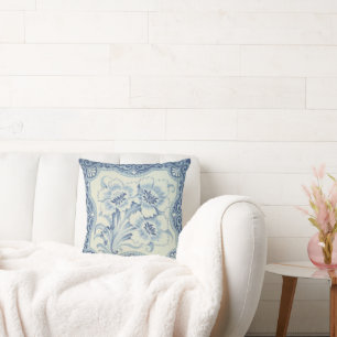 Blauw- en witte Floral Victoriaans Majolica Antiek Kussen