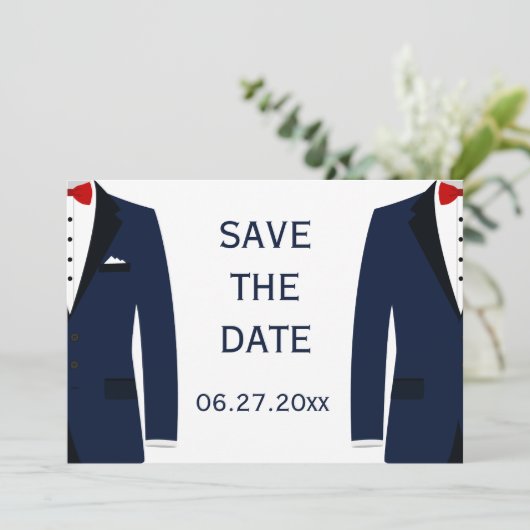 Blauw en witte gay trouw Save The Date kaart (Staand voorkant)
