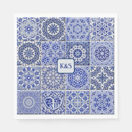 blauw en witte gekleurde Tegels met Initialen Servet (Voorkant)