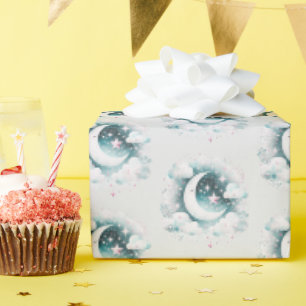 Blauw en Witte Halve Maan Hemelse Boho Moderne Cadeaupapier