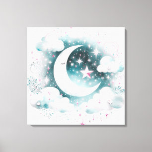 Blauw en Witte Halve Maan Hemelse Boho Moderne Canvas Afdruk