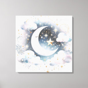 Blauw en Witte Halve Maan Hemelse Boho Moderne Canvas Afdruk