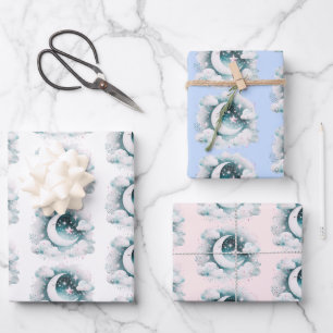 Blauw en Witte Halve Maan Hemelse Boho Moderne Inpakpapier Vel