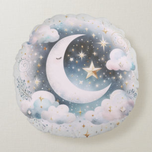Blauw en Witte Halve Maan Hemelse Boho Moderne Rond Kussen