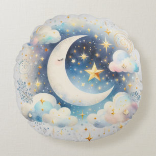 Blauw en Witte Halve Maan Hemelse Boho Moderne Rond Kussen