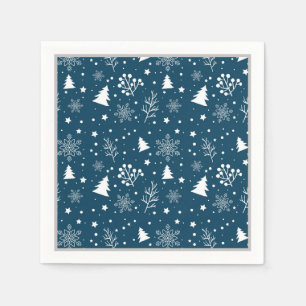 Blauw en witte kerstbomen, sneeuwvlokken vakantie servet