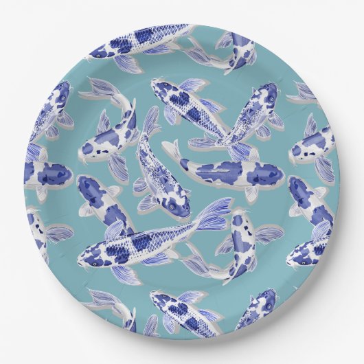 Blauw en witte koi papieren bordje (Voorkant)