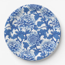 Blauw en Witte Pioen Chinoiserie Bloemmotief