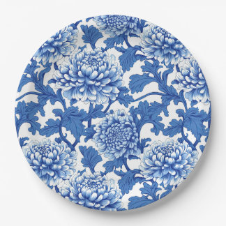 Blauw en Witte Pioen Chinoiserie Bloemmotief Papieren Bordje