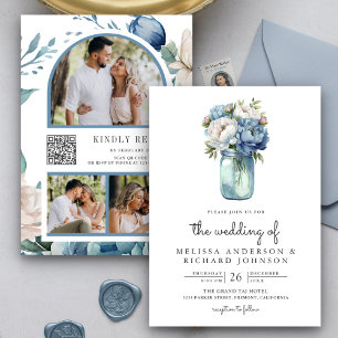 Blauw en Witte Pioen Mason Jar QR Code Trouwen Kaart