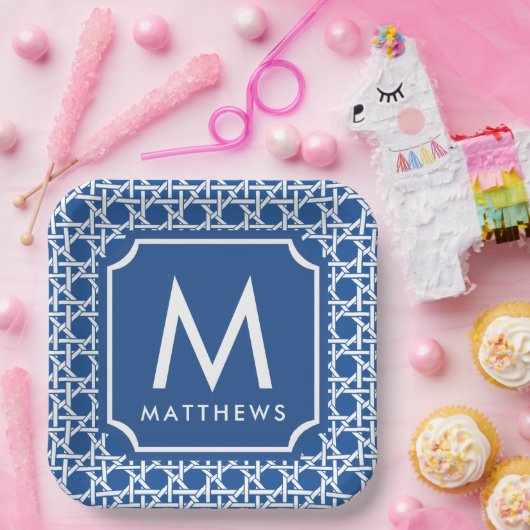 Blauw- en witte riet | Rattan | Monogram Papieren Bordje (Feest)