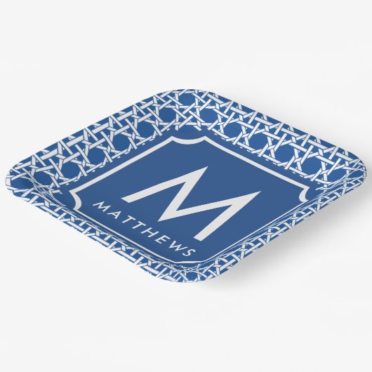 Blauw- en witte riet | Rattan | Monogram Papieren Bordje (Gebogen)
