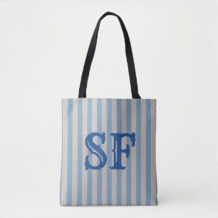 Blauw en Witte Strepen Aangepaste Monogram Draagtas
