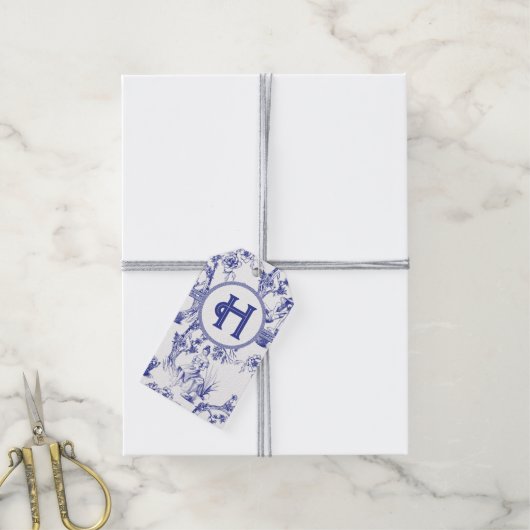 Blauw- en witte toile cadeaulabel (Met Touw)
