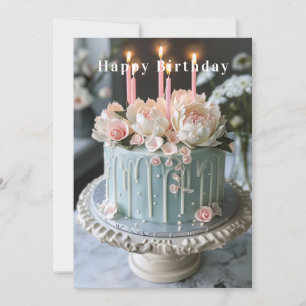 Blauw en Witte Verjaardagstaart Roze Bloemen Kaars Kaart