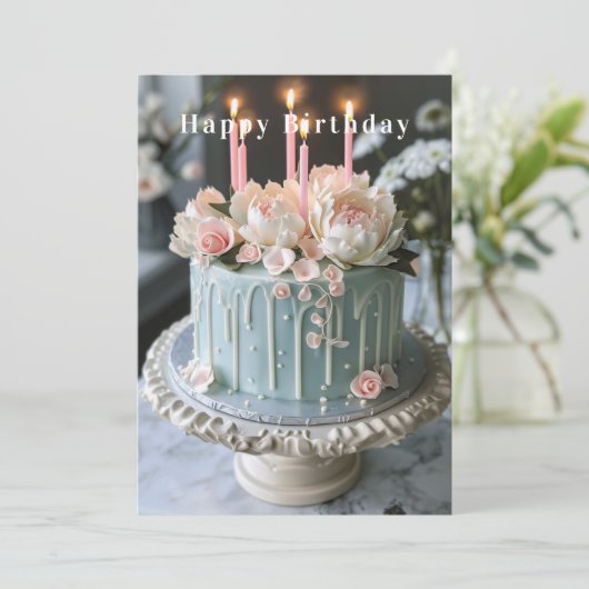 Blauw en Witte Verjaardagstaart Roze Bloemen Kaars Kaart (Staand voorkant)