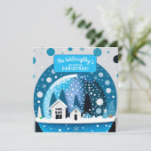 Blauw en Witte Winterwonderlandhuizen Sneeuwbol Save The Date (Staand voorkant)