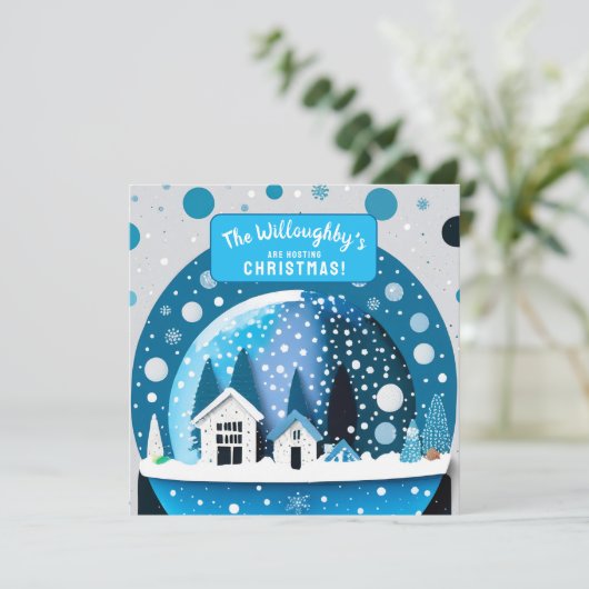 Blauw en Witte Winterwonderlandhuizen Sneeuwbol Save The Date (Staand voorkant)