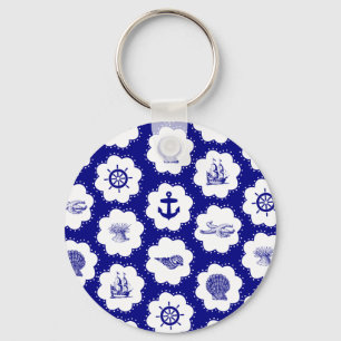Blauw en Witte Zeevaartpatroon Sleutelhanger