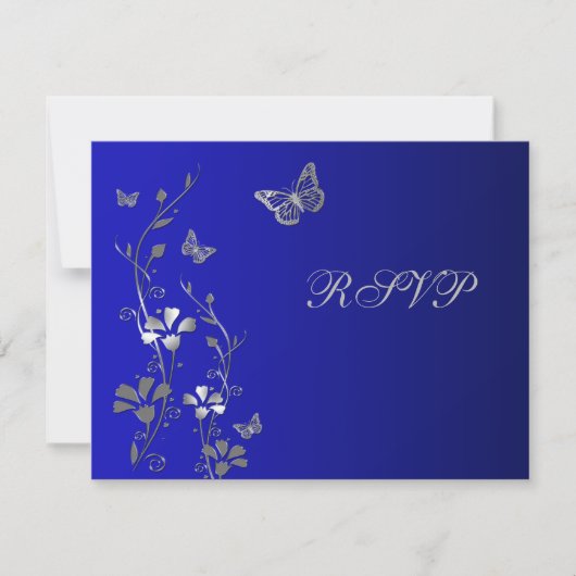 Blauw en zilver bloemmotief met vlinders antwoordk RSVP kaartje (Voorkant)