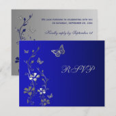 Blauw en zilver bloemmotief met vlinders antwoordk RSVP kaartje (Voorkant / Achterkant)