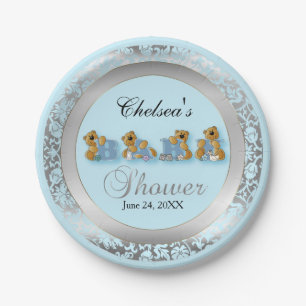 Blauw en zilver Damask met Teddy Bears Papieren Bordje