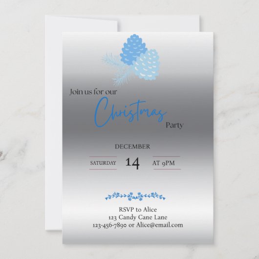 Blauw en zilver dennappel Kerst uitnodiging (Voorkant)