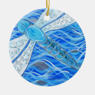 Blauw- en Zilver-dragonfly-schildering Keramisch Ornament