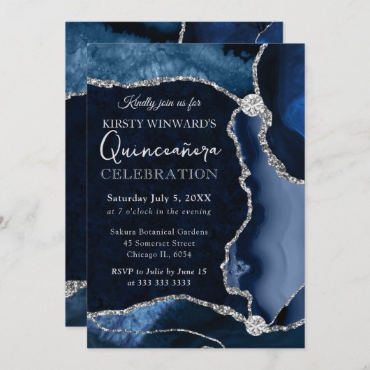 Blauw en Zilver Faux Glitter Agate Quinceanera Kaart (Voorkant / Achterkant)