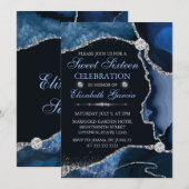 Blauw en zilver Faux Glitter Agate Sweet Sixteen Kaart (Voorkant / Achterkant)