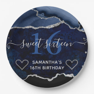 Blauw en zilver glitter agaat marmer Sweet 16 Papieren Bordje