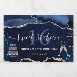 Blauw en zilver glitter agaat marmeren Sweet 16 Sparkling Wijnetiket