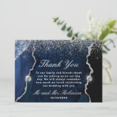Blauw en zilver Glitter Agate Marble Wedding Bedankkaart (Staand voorkant)