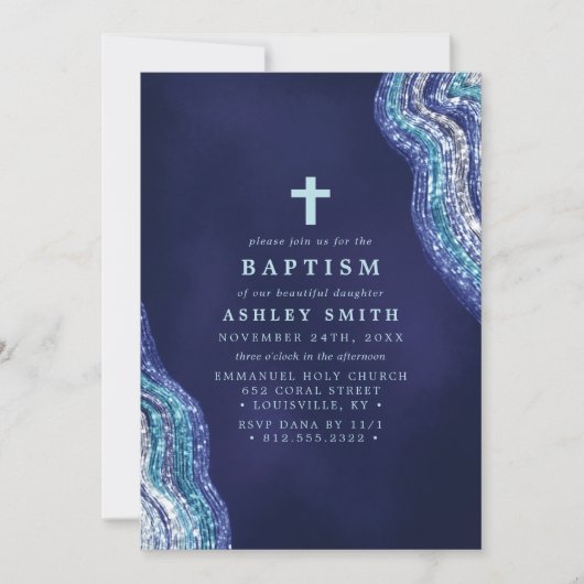 Blauw en Zilver Glitter Wave Water Doop Kaart (Voorkant)