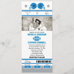 Blauw en zilver groen Football Ticket Wedding Kaart