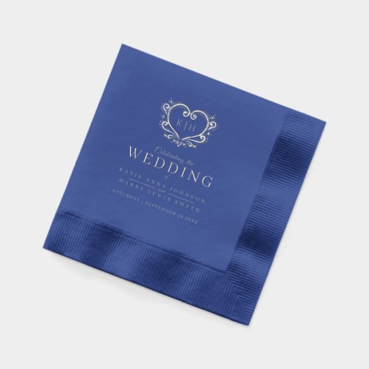 Blauw en zilver hart monogrammed bruiloft op maat folie servetten (Links)