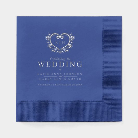 Blauw en zilver hart monogrammed bruiloft op maat folie servetten (Voorkant)