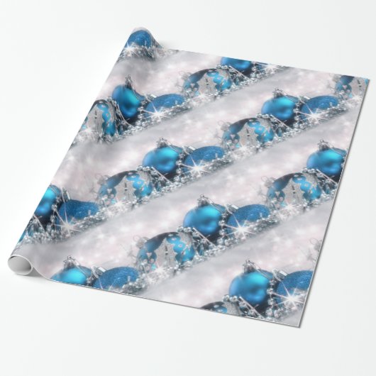 Blauw en zilver kerstpapier cadeaupapier (Uitgerold)