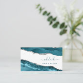 Blauw en zilver Modern Art Waterverf Agate Script Visitekaartje (Staand voorkant)