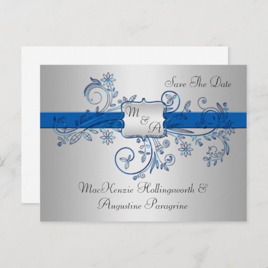 Blauw en Zilver Monogram Bloemen Wervelingen Save  Aankondigingskaart (Voorkant / Achterkant)