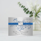 Blauw en Zilver Monogram Bloemen Wervelingen Save  Aankondigingskaart (Staand voorkant)