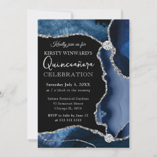 Blauw en zilver nep glitter agaat Quinceanera Kaart