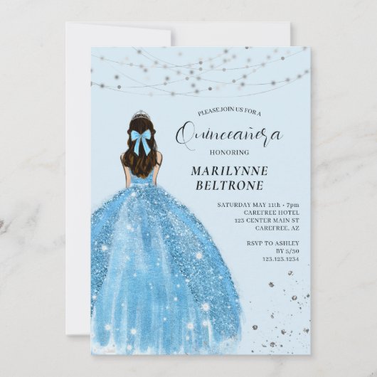 Blauw en Zilver Prinses Quinceañera Kaart (Voorkant)
